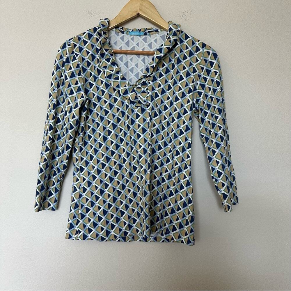 J. McLaughlin Women Happy Hour Durham Top Small Multicolor‎ Ruffle V-Neck 3/4
